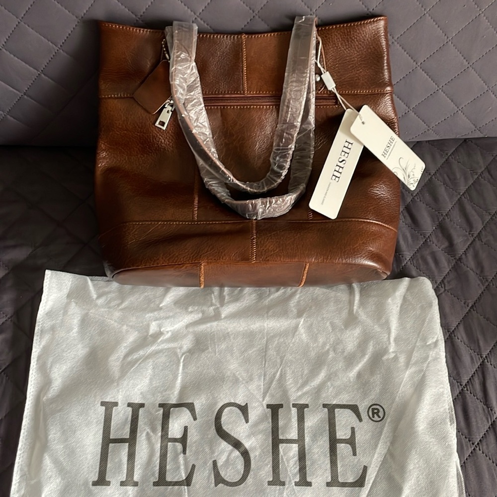 Brand new HeShe brown genuine leather tote for ladies